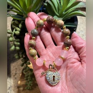 Rose Quartz and Sand Stone Beaded Bracelet with Heart Charm